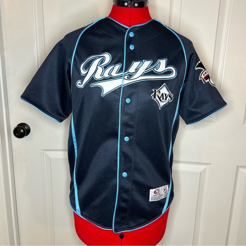 Tampa Bay Rays True Fan Button Down Jersey Short Sleeve Navy Youth M?